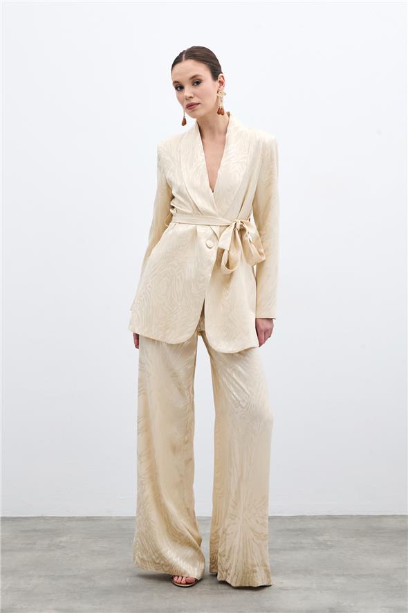 Yüksek Bel Desenli Pantolon - Taş