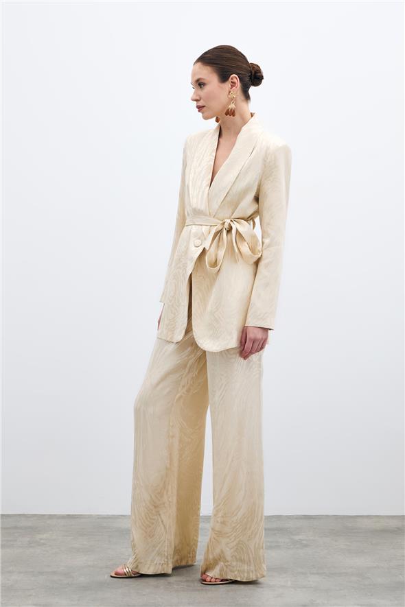 Yüksek Bel Desenli Pantolon - Taş