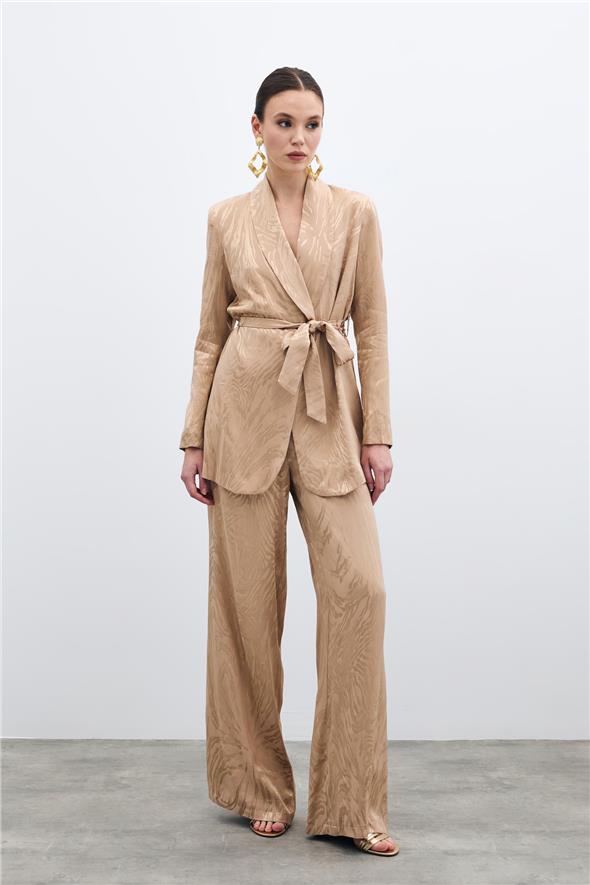 Yüksek Bel Desenli Pantolon - Vizon