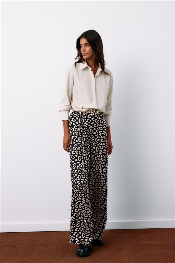 Yüksek Bel Leopar Pantolon - Siyah