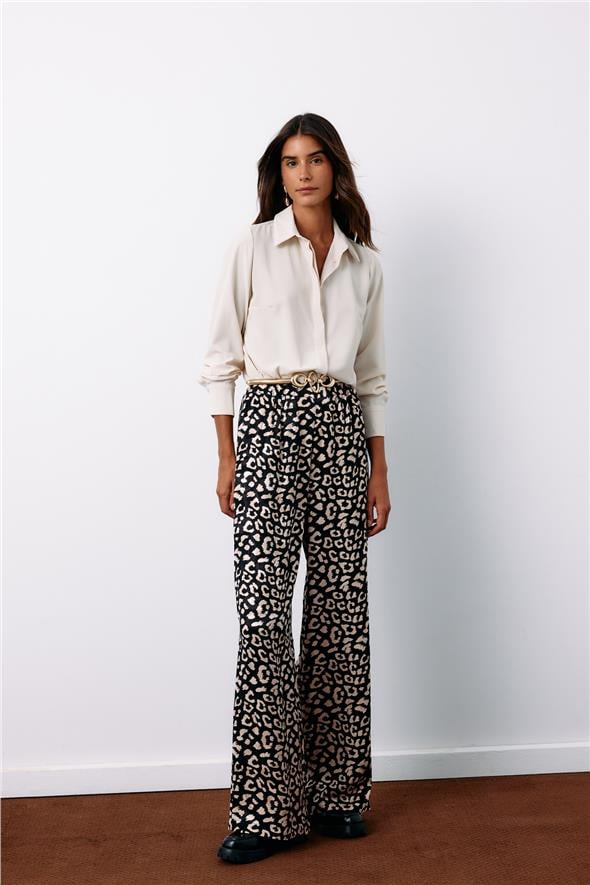 Yüksek Bel Leopar Pantolon - Siyah