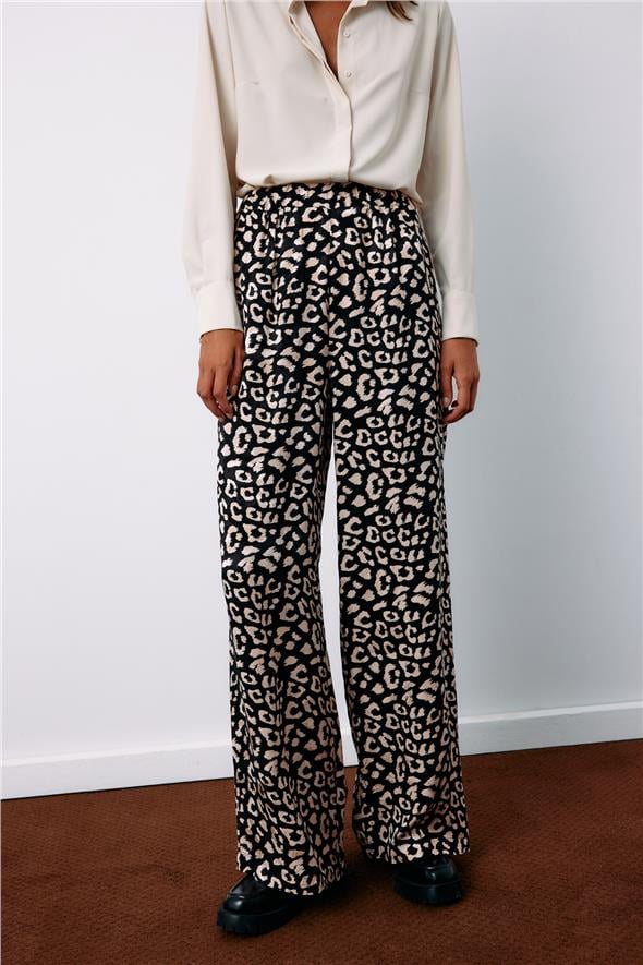 Yüksek Bel Leopar Pantolon - Siyah