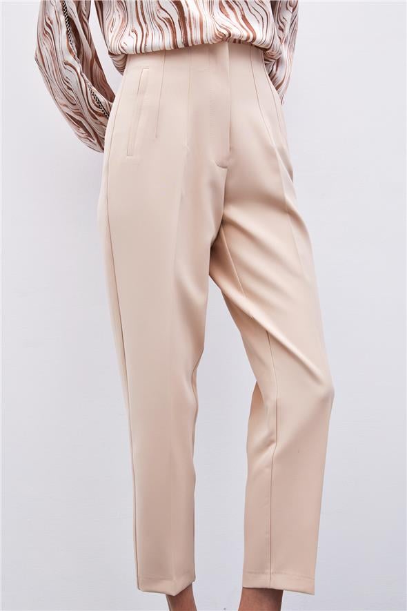 Yüksek Bel Pensli Pantolon - Bej