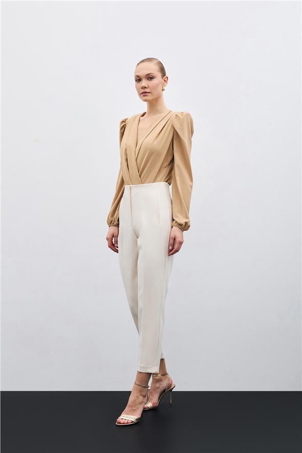 Yüksek Bel Pensli Pantolon - Bej