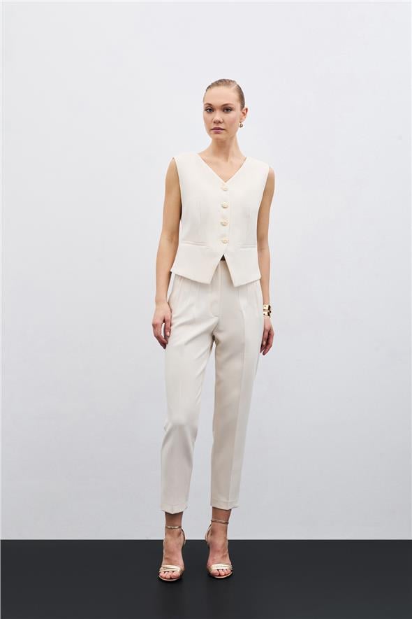 Yüksek Bel Pensli Pantolon - Bej