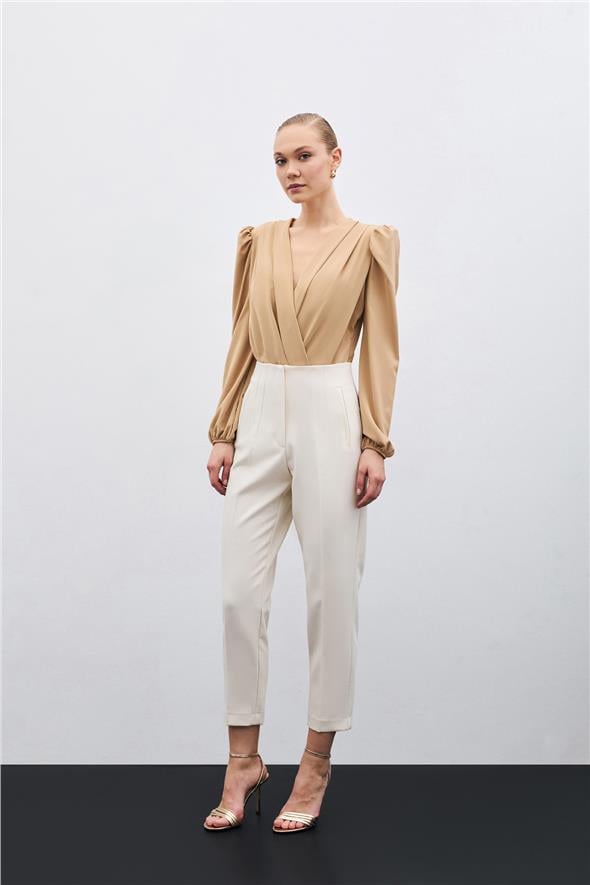 Yüksek Bel Pensli Pantolon - Bej