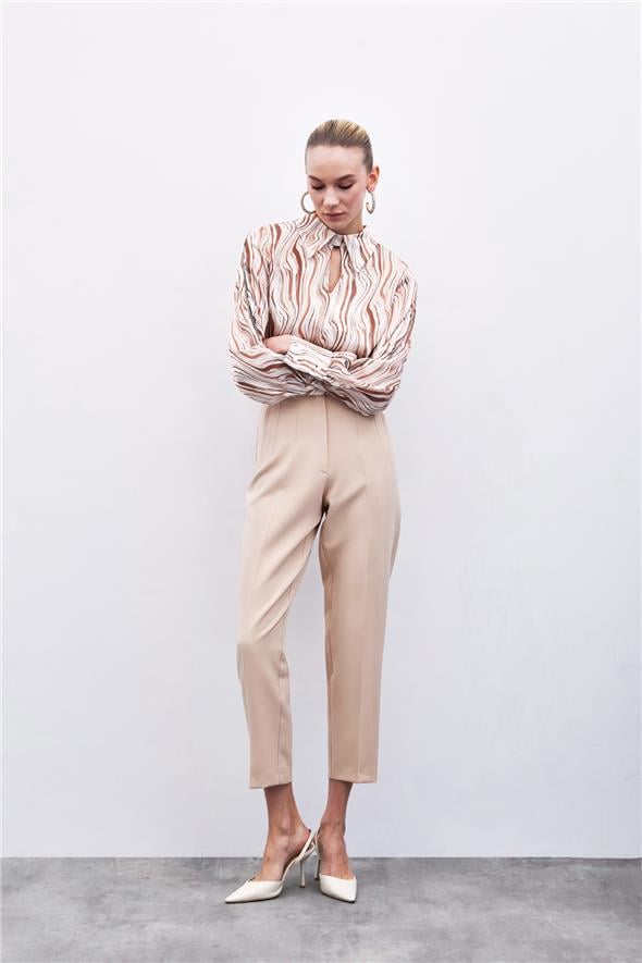 Yüksek Bel Pensli Pantolon - Bej