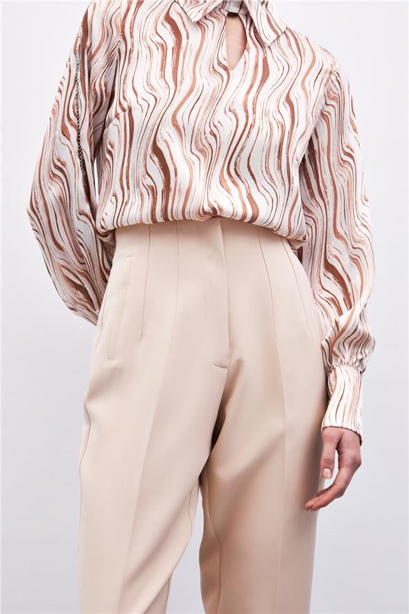 Yüksek Bel Pensli Pantolon - Bej