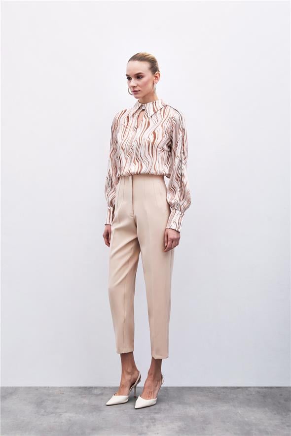 Yüksek Bel Pensli Pantolon - Bej