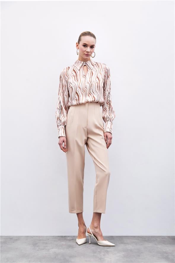 Yüksek Bel Pensli Pantolon - Bej