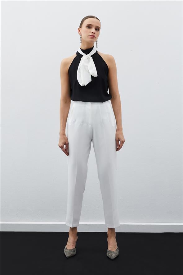 Yüksek Bel Pensli Pantolon - Ekru