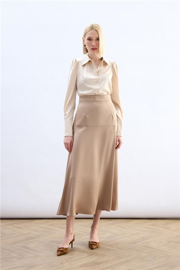 Yüksek Bel Saten Etek - Bej