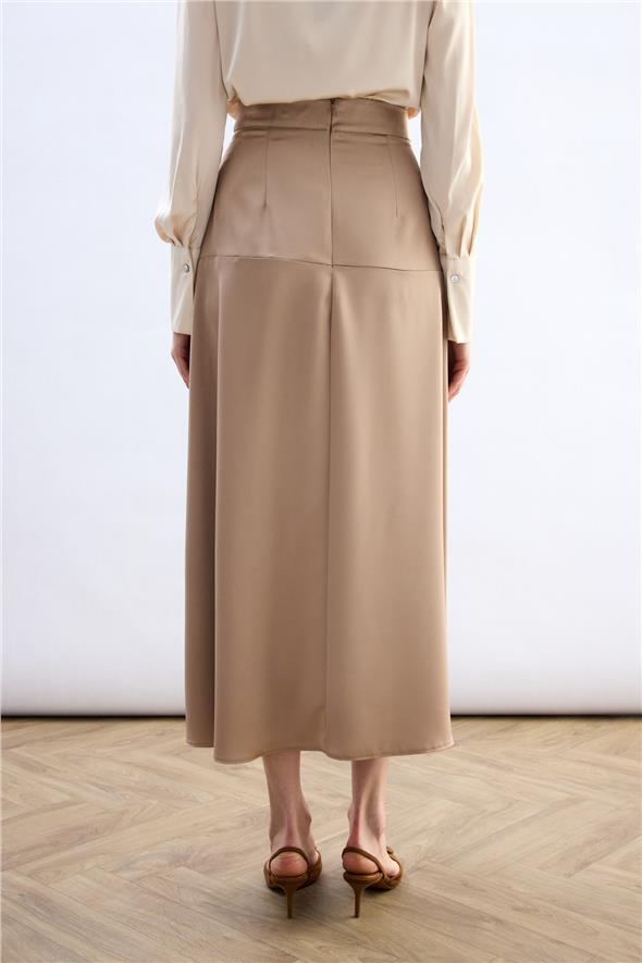Yüksek Bel Saten Etek - Bej