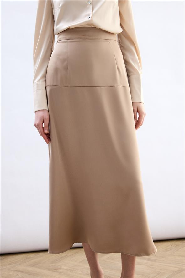 Yüksek Bel Saten Etek - Bej