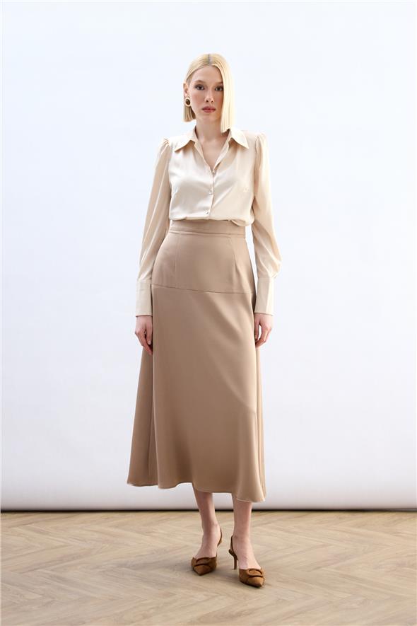 Yüksek Bel Saten Etek - Bej