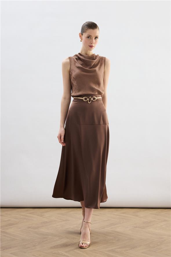 Yüksek Bel Saten Etek - Kahve