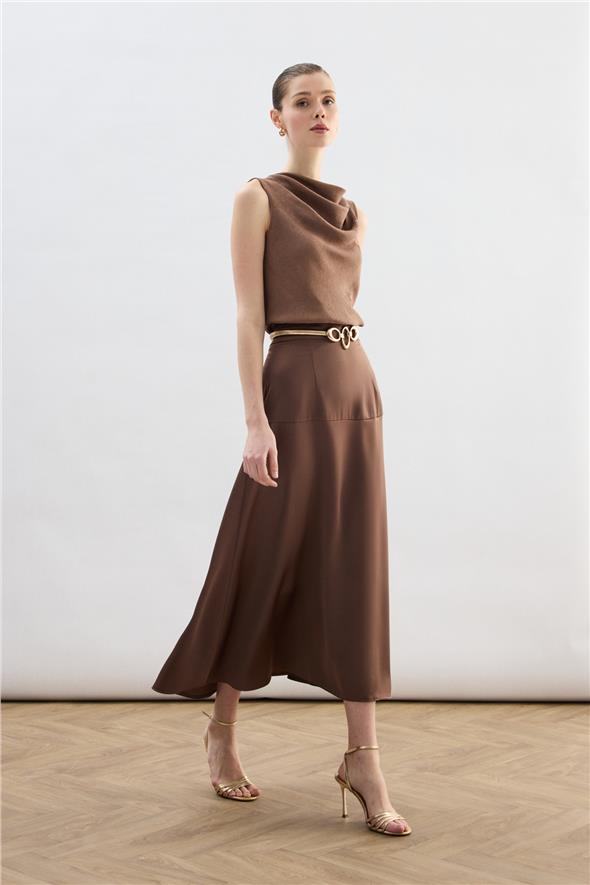 Yüksek Bel Saten Etek - Kahve