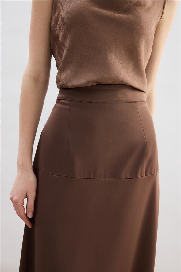 Yüksek Bel Saten Etek - Kahve