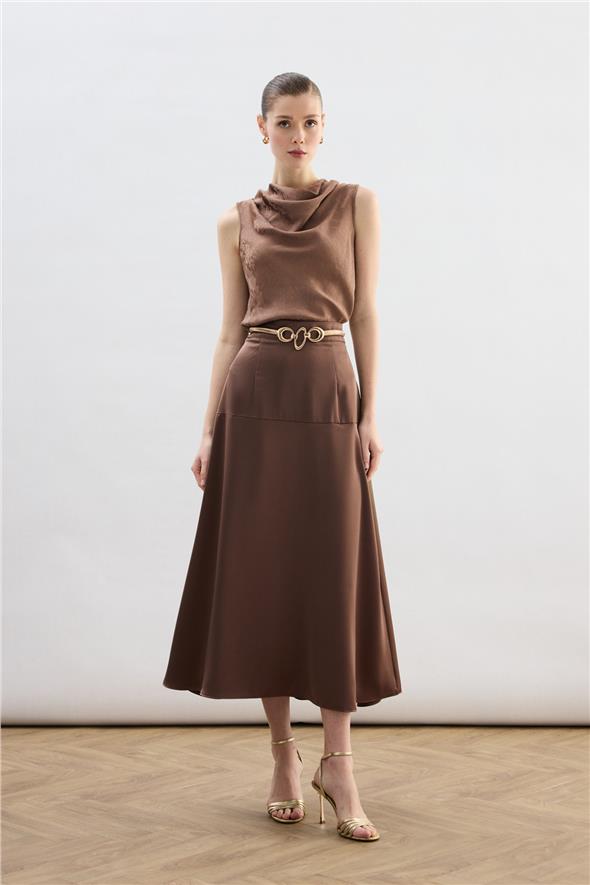 Yüksek Bel Saten Etek - Kahve