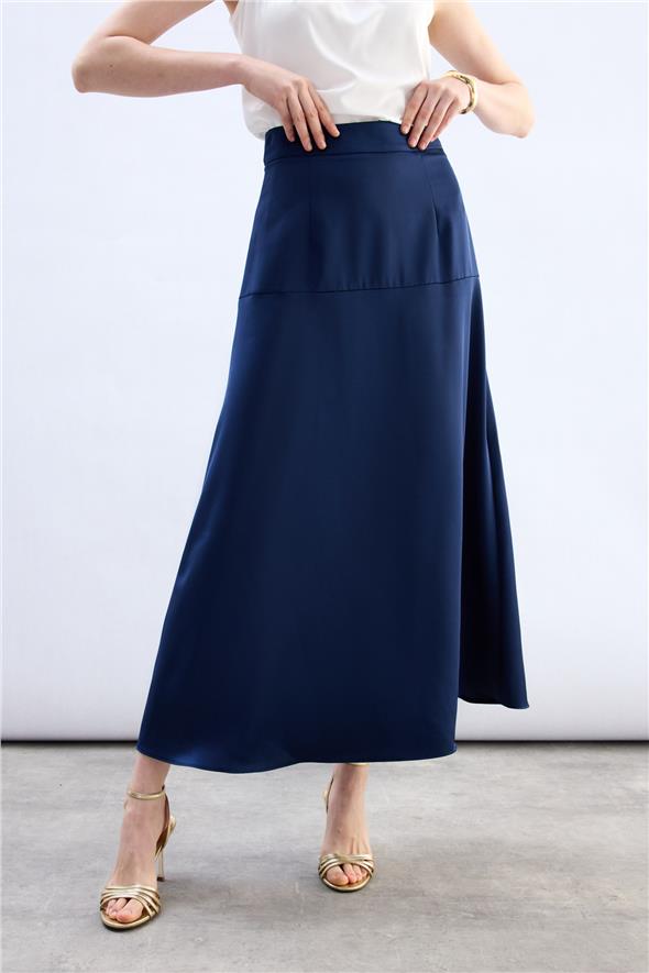 Yüksek Bel Saten Etek - Lacivert