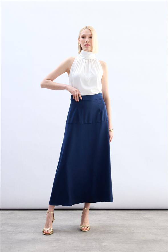 Yüksek Bel Saten Etek - Lacivert