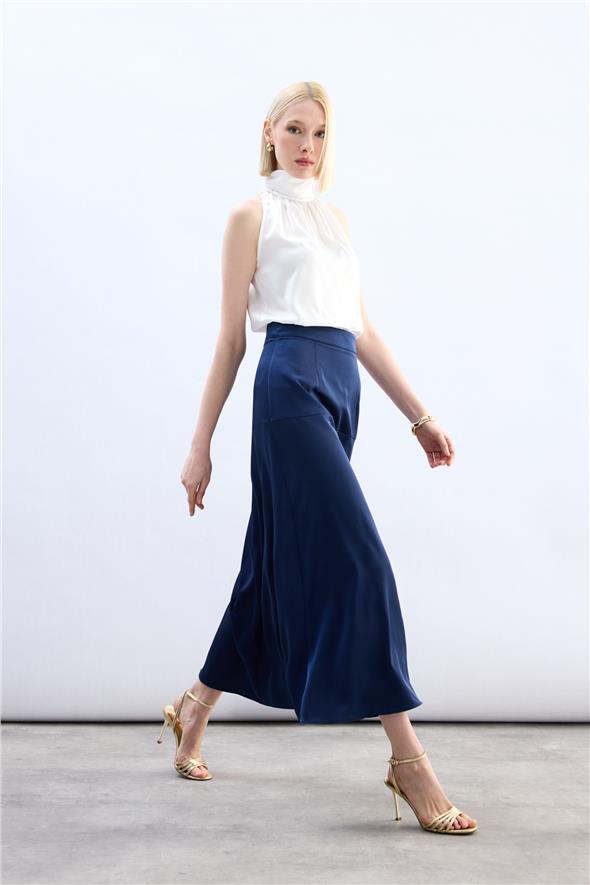 Yüksek Bel Saten Etek - Lacivert