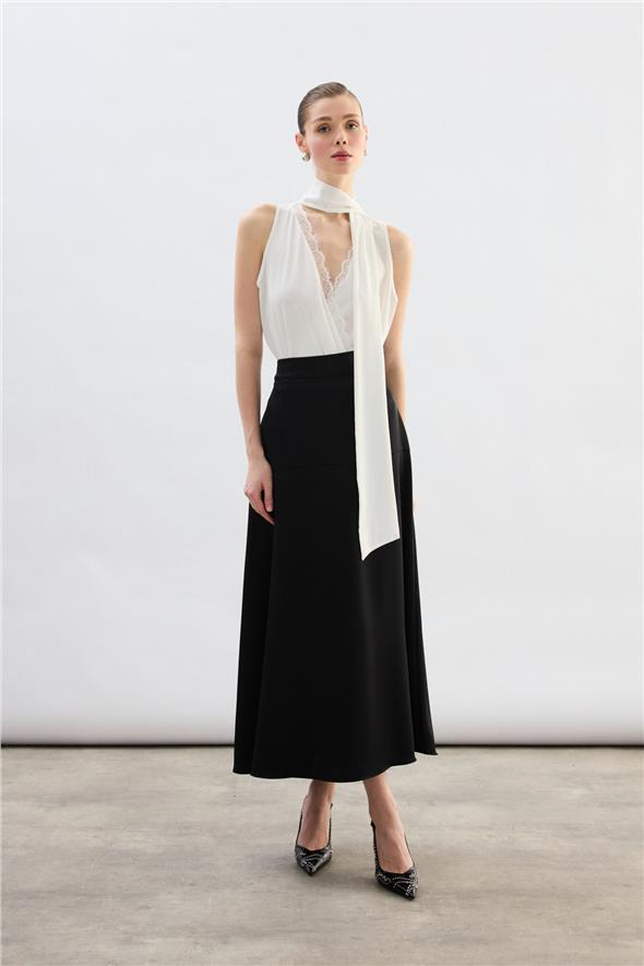 Yüksek Bel Saten Etek - Siyah