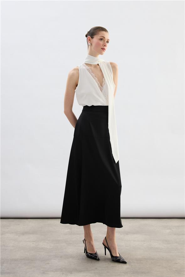 Yüksek Bel Saten Etek - Siyah