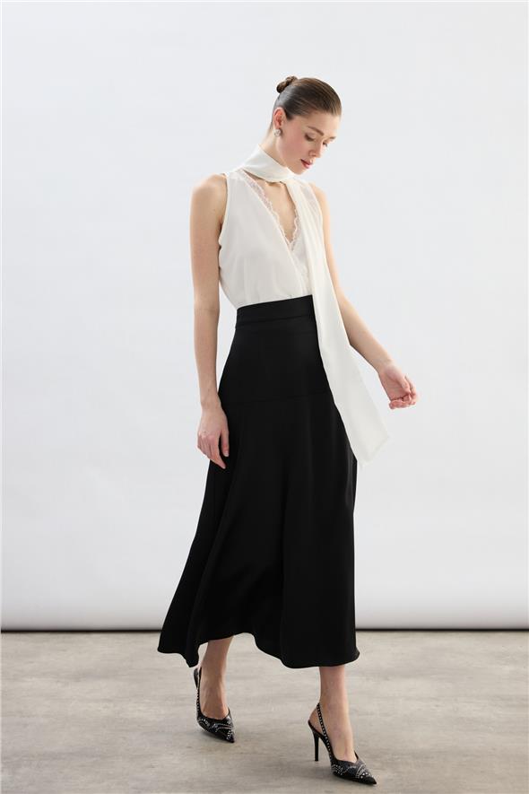 Yüksek Bel Saten Etek - Siyah