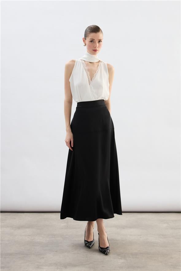 Yüksek Bel Saten Etek - Siyah