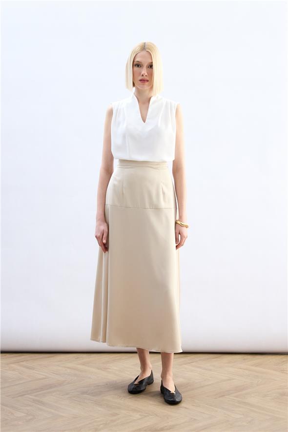 Yüksek Bel Saten Etek - Taş