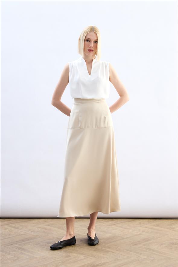Yüksek Bel Saten Etek - Taş