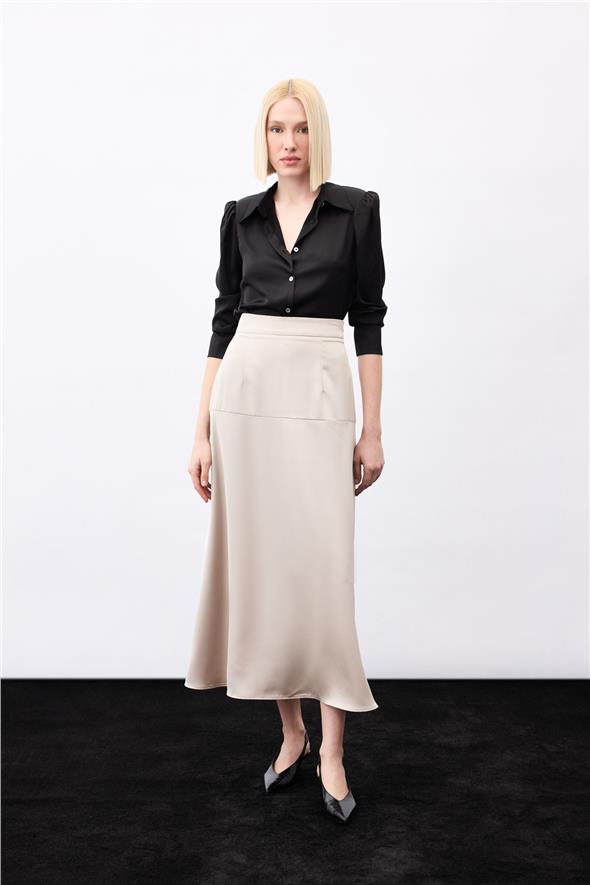Yüksek Bel Saten Etek - Vizon