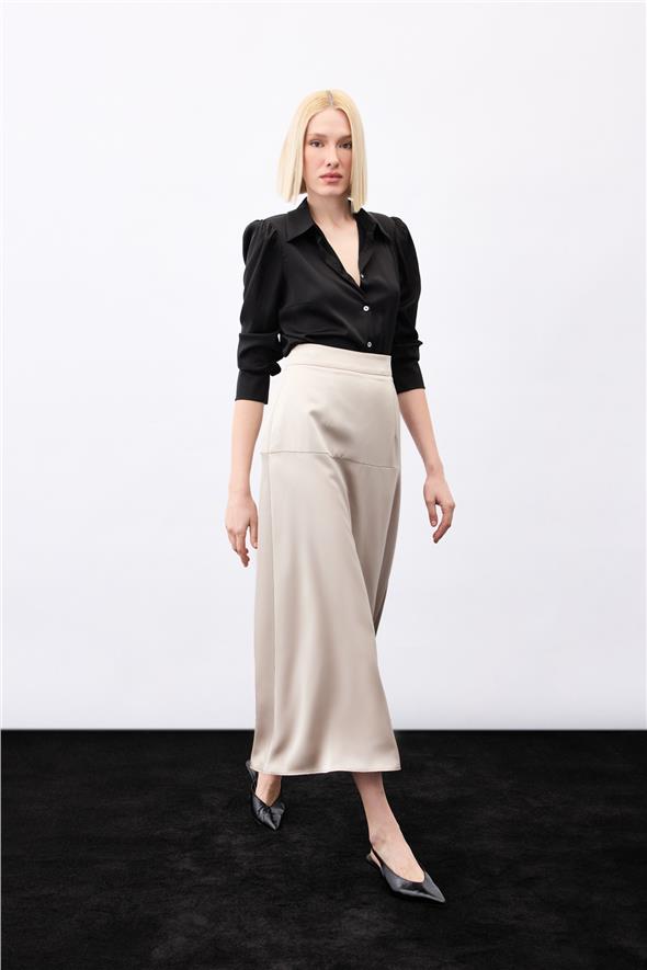 Yüksek Bel Saten Etek - Vizon