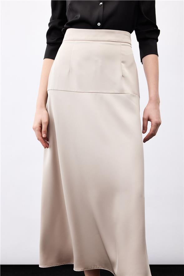 Yüksek Bel Saten Etek - Vizon