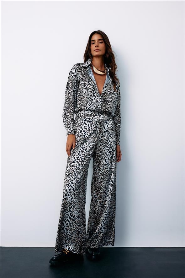 Yüksek Bel Saten leopar Pantolon - Ekru