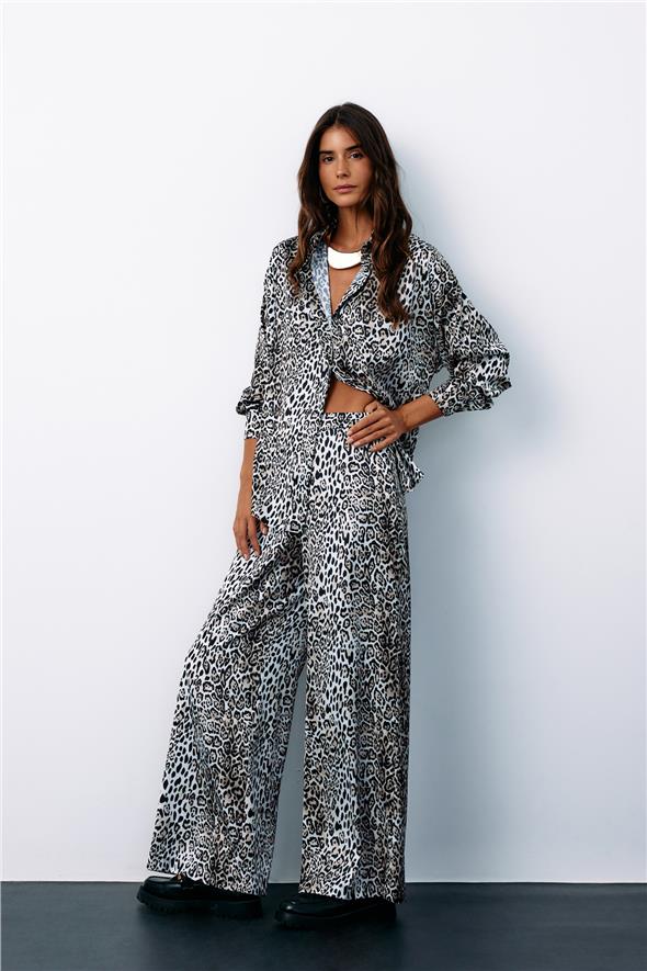 Yüksek Bel Saten leopar Pantolon - Ekru
