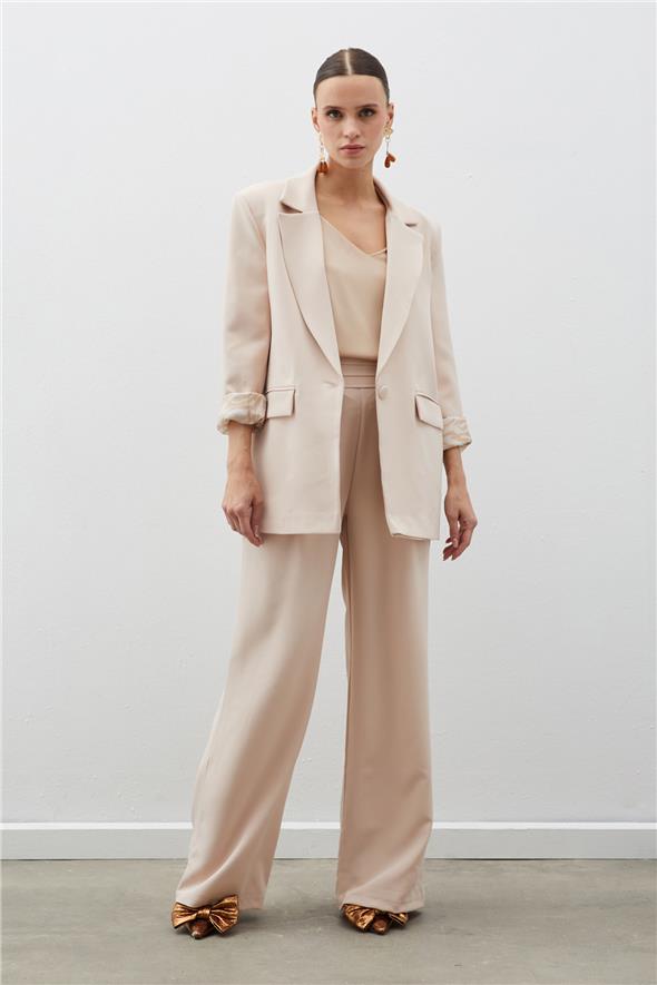 Zebra Astarlı Uzun Ceket - Bej