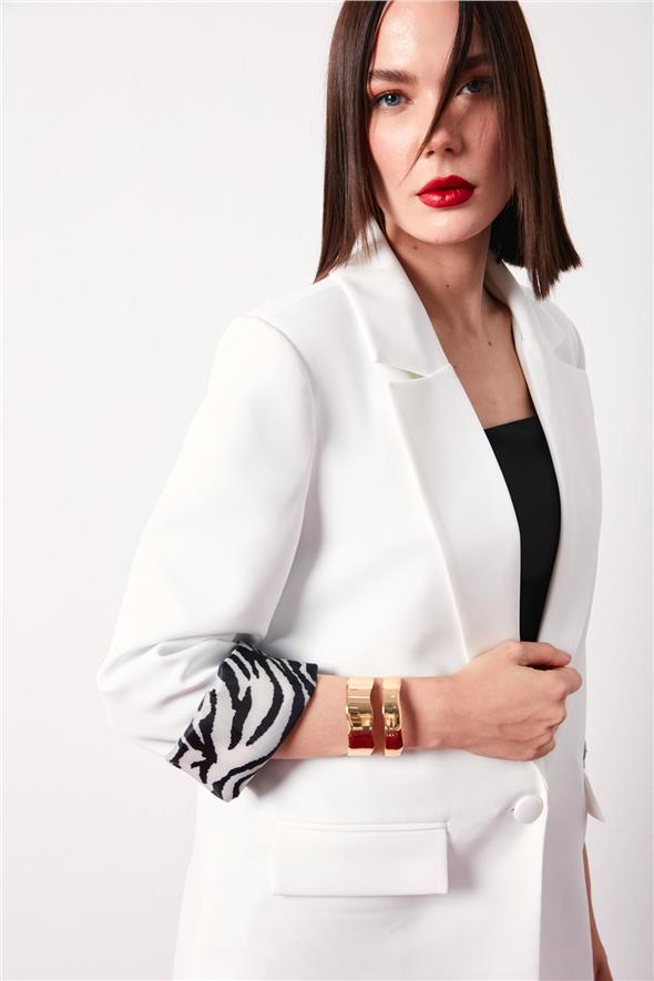 Zebra Astarlı Uzun Ceket - Ekru