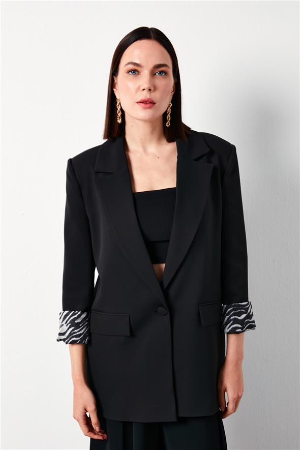 Zebra Astarlı Uzun Ceket - Siyah