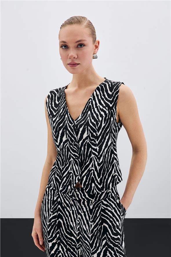 Zebra Desen Kısa Yelek - Siyah