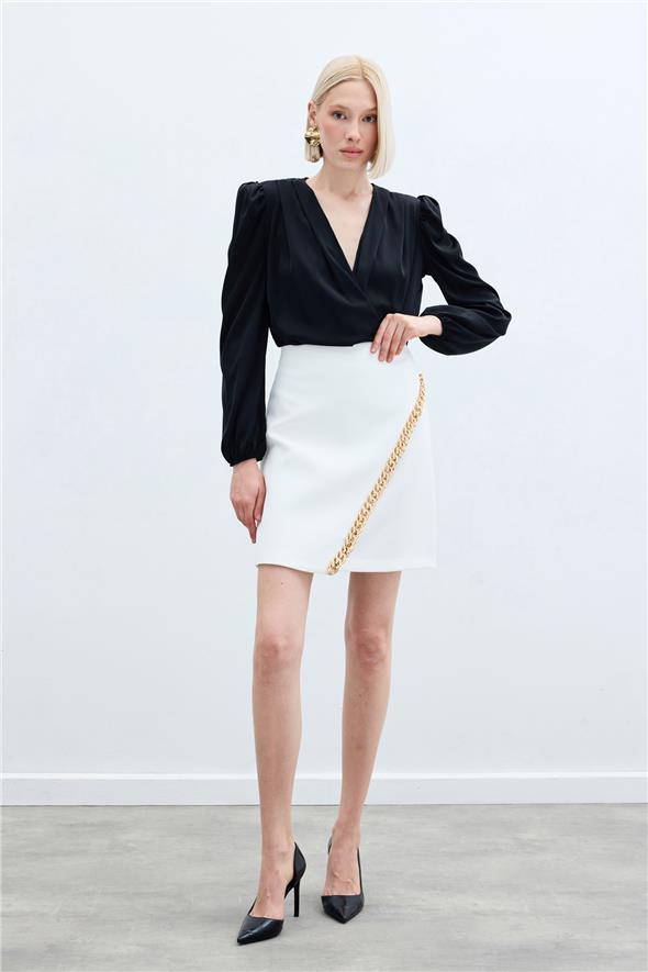 Zincir Aksesuarlı Mini Etek - Ekru