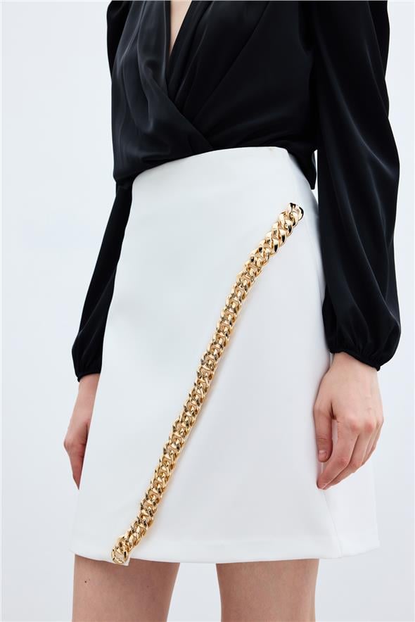 Zincir Aksesuarlı Mini Etek - Ekru