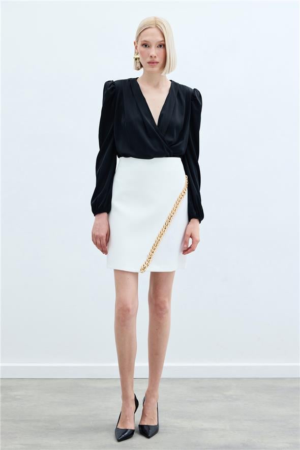 Zincir Aksesuarlı Mini Etek - Ekru