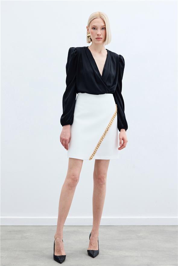 Zincir Aksesuarlı Mini Etek - Ekru