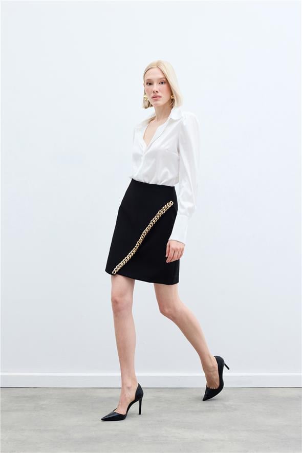 Zincir Aksesuarlı Mini Etek - Siyah