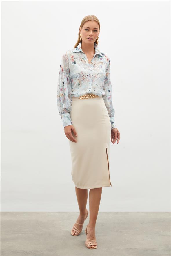 Zincir Detaylı Kalem Etek - Bej