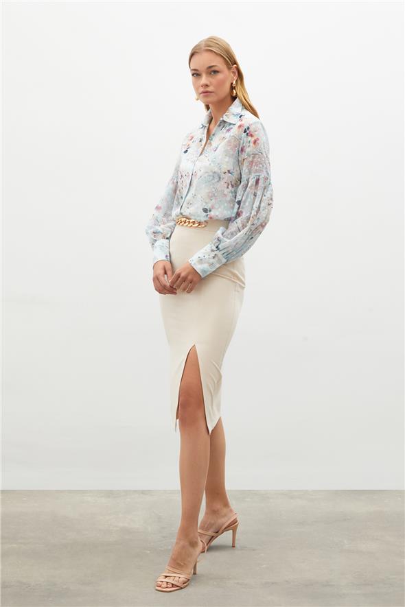 Zincir Detaylı Kalem Etek - Bej