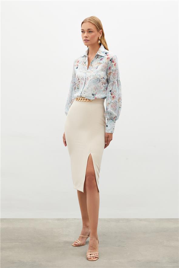 Zincir Detaylı Kalem Etek - Bej