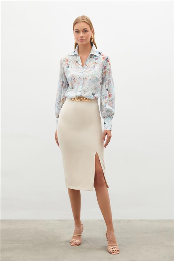 Zincir Detaylı Kalem Etek - Bej